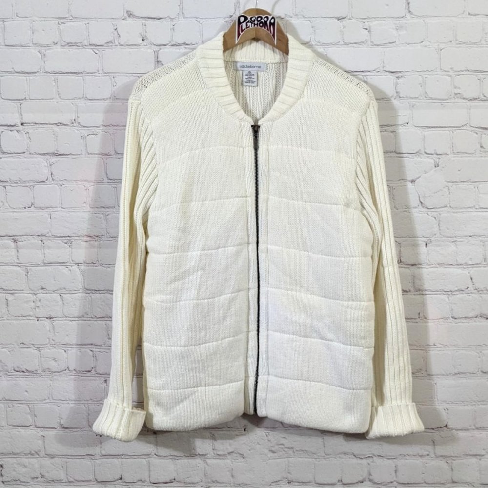 💎 Liz Claiborne Ivory Zip Front Quilted Cardigan Sweater XL